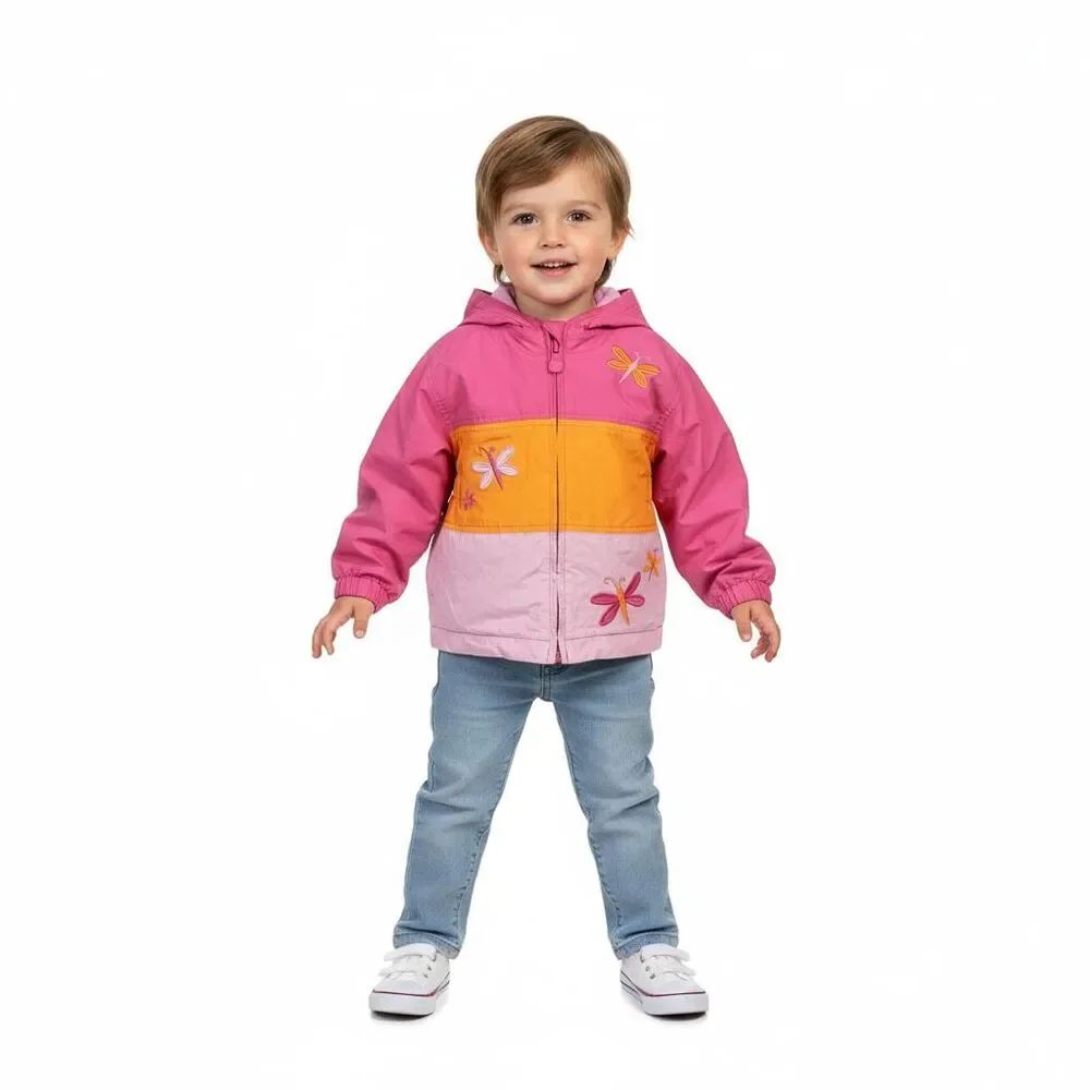 Dragonfly Jacket Girls 2T Pink Orange Color Block Hooded Lightweight Coat School